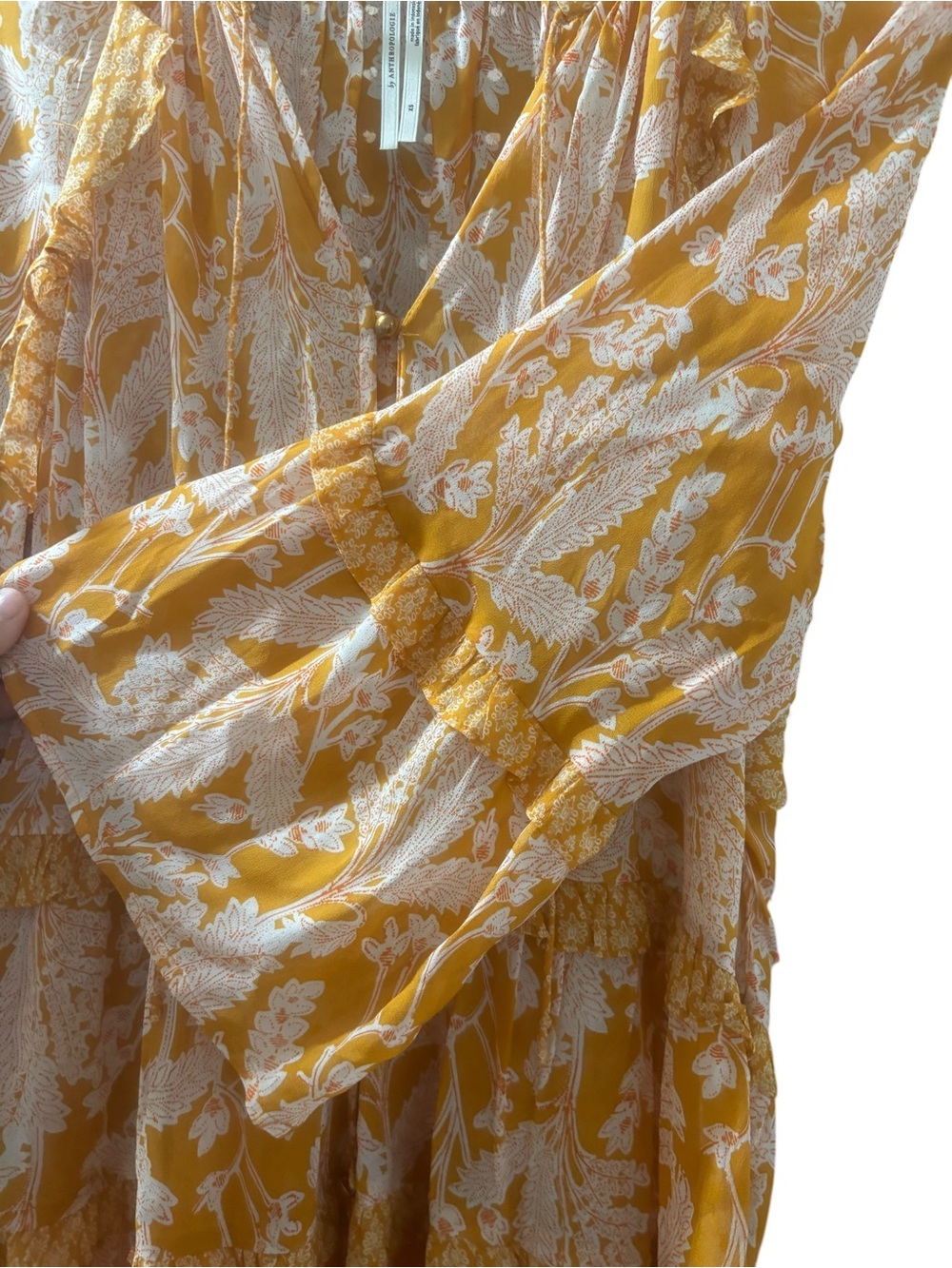 Anthropologie Mia Boho Mustard Floral Ruffle Tiered Flowy Tunic Top Size XS - Picture 5 of 6